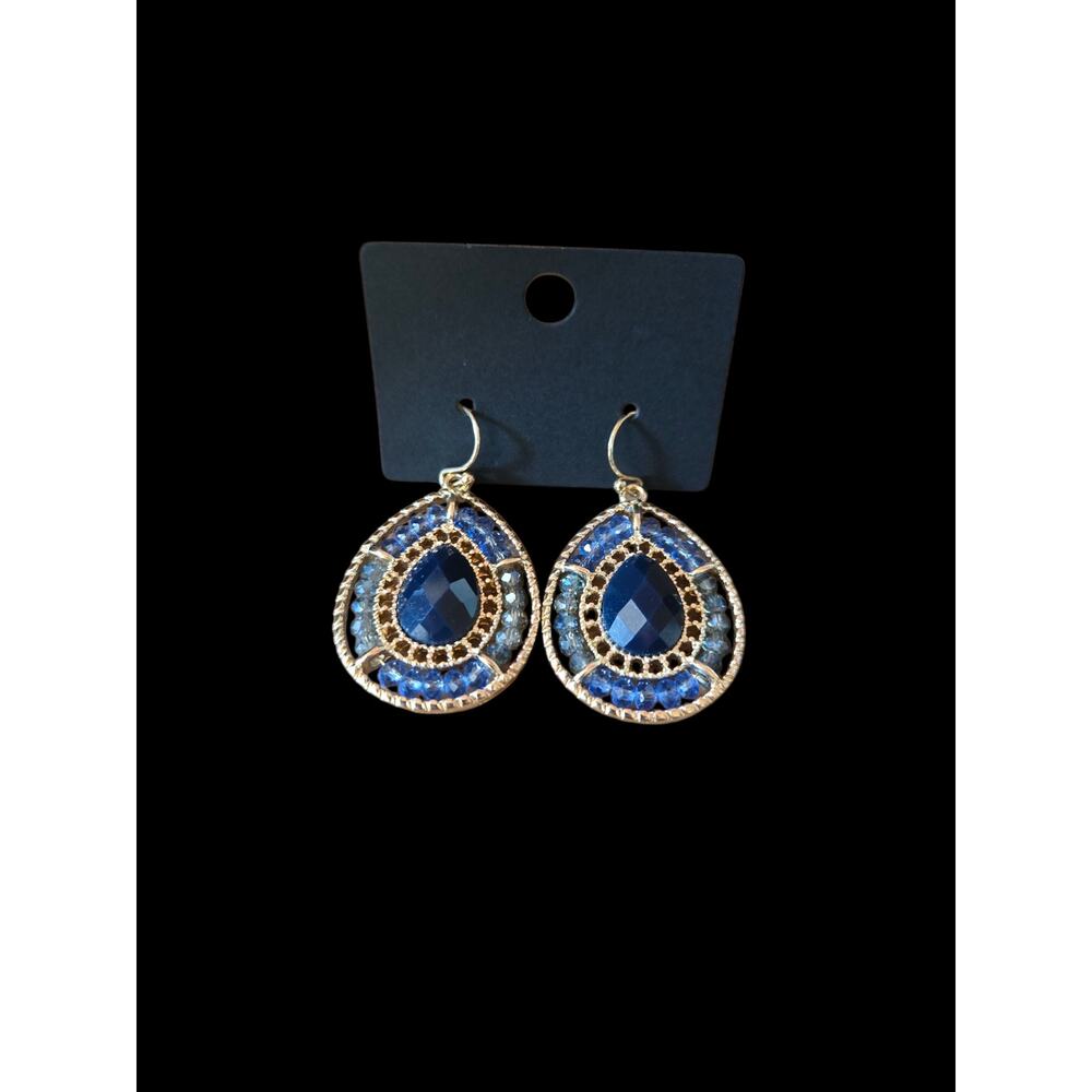 Gold and blue beaded teardrop earrings - Picture 1 of 1